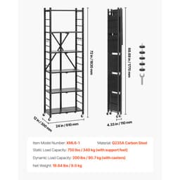 Skládací úložný regál se 6 úrovněmi, skládací kovový regálový regál o rozměrech 24Š x 12H x 72V palců, bez montáže, s 5 kolečky a 4 háčky do spíže, kuchyně, garáže, sklepa, černý - miniatura 11