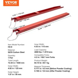 Prodloužení paletových vidlí, délka 1840 mm, šířka 115 mm, vysoce odolné prodloužení vidlí z uhlíkové oceli pro vysokozdvižné vozíky, 1 pár prodloužení vidlí s čepy, příslušenství pro vysokozdvižné vozíky, červená - miniatura 7
