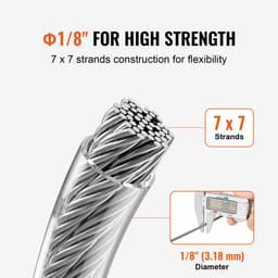 Sada ocelových lan, 1/8" 100 ft lano z nerezové oceli 304 s 59 příslušenstvím, pevnost v tahu 650 lbs, 7x7 pramenů, stavební, námořní, letecká kvalita pro zábradlí, schodiště, terasu, plot, venkovní použití - miniatura 7