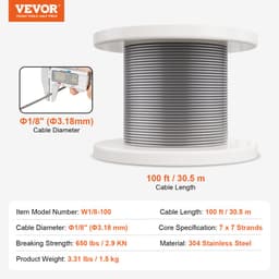 Sada ocelových lan, 1/8" 100 ft lano z nerezové oceli 304 s 59 příslušenstvím, pevnost v tahu 650 lbs, 7x7 pramenů, stavební, námořní, letecká kvalita pro zábradlí, schodiště, terasu, plot, venkovní použití - miniatura 11
