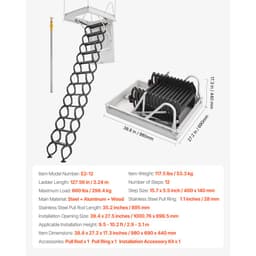 Půdní schod, nosnost 299,4 kg, vhodný pro výšku stropu 2,9 až 3 m a rozměry otvoru 99,4 x 73,5 cm, zatahovací stropní schod z legované oceli s tažnou tyčí pro střechu půdy - miniatura 11