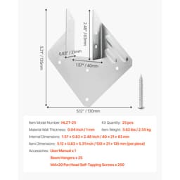 Pásky Hurricane pro krokve, vnitřní rozměr 5,31x1,57x2,48 palce / 135x40x63 mm, Vysoce odolné pásky Hurricane, Vysoce odolné konzole pro krokve, závěsy trámů pro dřevěné střešní nosníky, 25 ks - miniatura 11