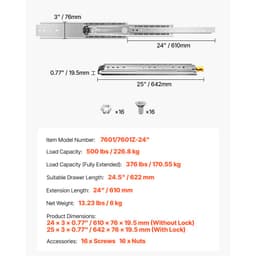 1 pár plně výsuvných výsuvů pro zásuvky 16 18 20 24 30 35 37,4 59 24 32 36 40 48 60 palců, nosnost 500 liber, uzamykatelné výsuvy pro zásuvky, kuličkové ložisko se zámkem, boční montáž, lišta pro zásuvky - miniatura 11