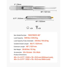 1 pár plně výsuvných výsuvů pro zásuvky 16 18 20 24 30 35 37,4 59 24 32 36 40 48 60 palců, nosnost 500 liber, uzamykatelné výsuvy pro zásuvky, kuličkové ložisko se zámkem, boční montáž, lišta pro zásuvky - miniatura 11