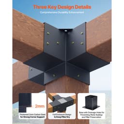 Sada pergoly, konzole pergoly 4x4 palce pro dřevěné nosníky 92 x 92 mm ve skutečném rozměru, konzole pro 3cestný (4 ks) a 4cestný (2 ks) altán se 6 sloupkovými základnami, pro venkovní pergoly, altány, přístřešky - miniatura 7
