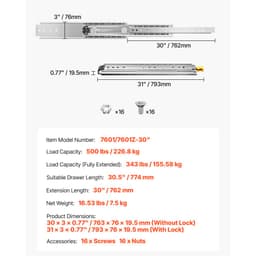 1 pár plně výsuvných výsuvů pro zásuvky 16 18 20 24 30 35 37,4 59 24 32 36 40 48 60 palců, nosnost 500 liber, uzamykatelné výsuvy pro zásuvky, kuličkové ložisko se zámkem, boční montáž, lišta pro zásuvky - miniatura 11