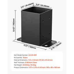Základny sloupků 4x4, 10 ks, vnitřní rozměr 3,6x3,6 palce / 91,44x91,44 mm, konzole sloupků, vysoce odolné sloupky z uhlíkové oceli na terasu, dřevěné konzole pro zábradlí pavilonu, základní deska terasy, černá - miniatura 11