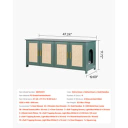 Kryt na kočičí toaletu pro více koček, skrytá skříňka na kočičí toaletu 120 cm se 4 ratanovými dvířky a 2 vchody, vnitřní kočičí toaleta, dřevěný nábytek do kočičího domečku, vhodný pro většinu kočičích toalet, zelený - miniatura 15