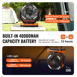 Přenosný dobíjecí ventilátor 330,2 mm, ventilátor na baterie s LED lucernou, 4 nastavitelné rychlosti a automatické otáčení 45°/90° a časovač, ventilátory na baterie s USB pro cestování, ložnici, domov, kempování, kancelář - miniatura 1