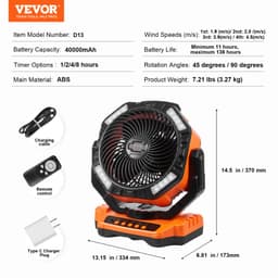 Přenosný dobíjecí ventilátor 330,2 mm, ventilátor na baterie s LED lucernou, 4 nastavitelné rychlosti a automatické otáčení 45°/90° a časovač, ventilátory na baterie s USB pro cestování, ložnici, domov, kempování, kancelář - miniatura 4