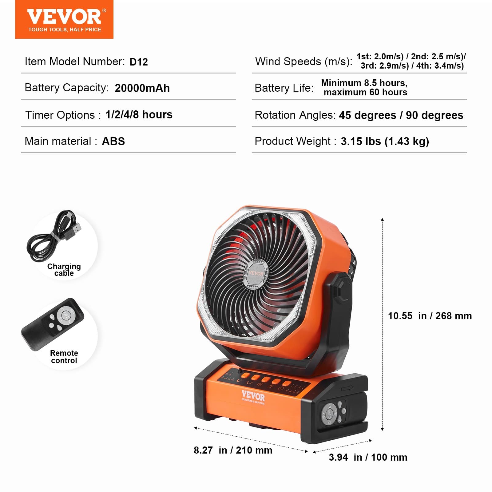Přenosný dobíjecí ventilátor 228,6 mm, ventilátor na baterie s LED lucernou, 4 nastavitelné rychlosti a automatické otáčení 45°/90° a časovač, ventilátory na baterie s USB pro cestování, ložnici, domov, kempování, kancelář