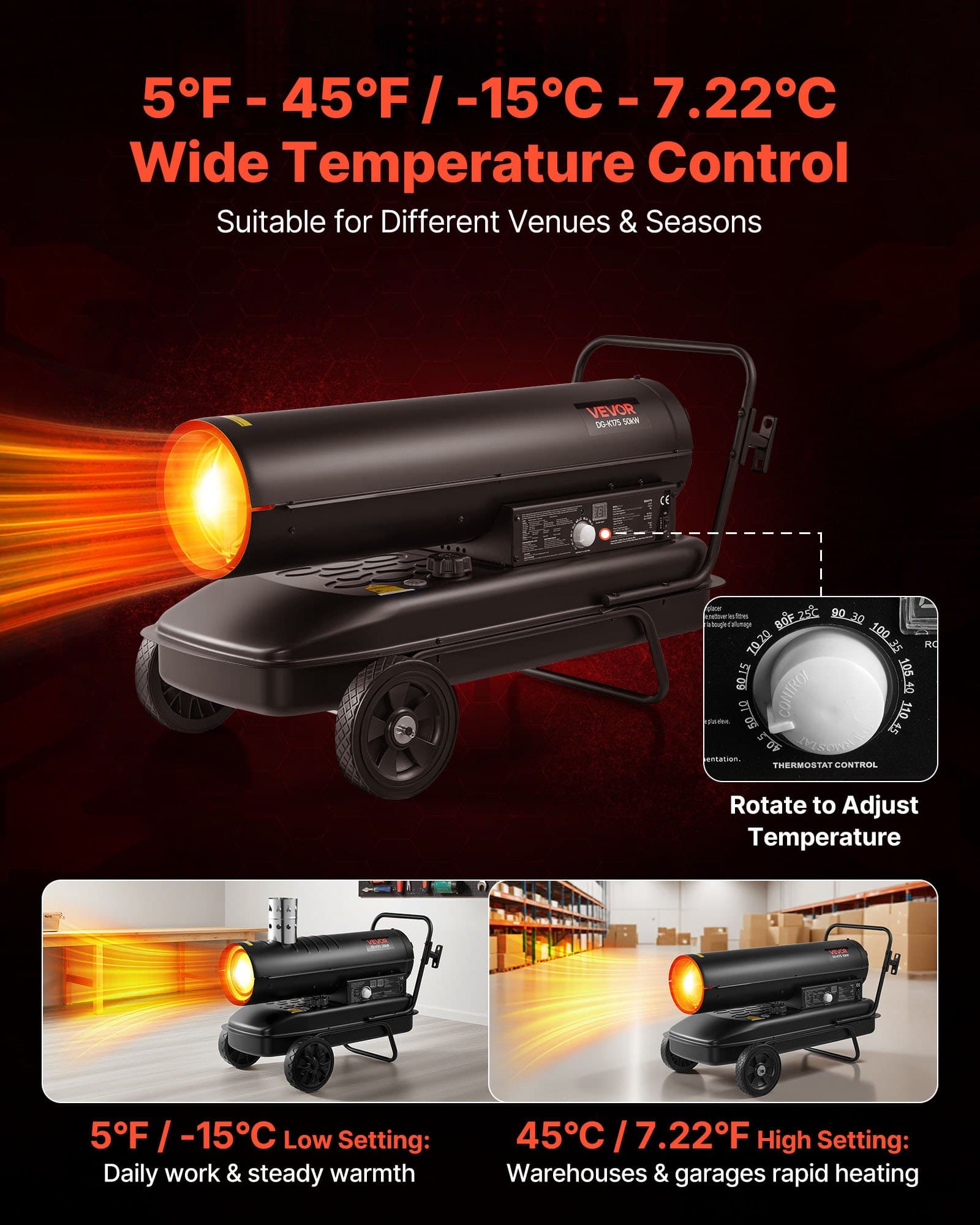 50kW petrolejový naftový ohřívač s nuceným oběhem vzduchu, přenosný torpédový ohřívač s kolečky a nastavitelnou teplotou, ventilátor pro staveniště/garáže/sklady/dílny/venkovní vytápění, černý
