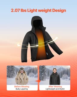 Vyhřívaná bunda pro muže s 7,4V baterií, Softshell elektrický vyhřívací kabát, větruodolný, voděodolný, lehký svrchní oděv s 5 vyhřívacími zónami a 3 nastaveními teploty, pratelný v pračce - miniatura 8