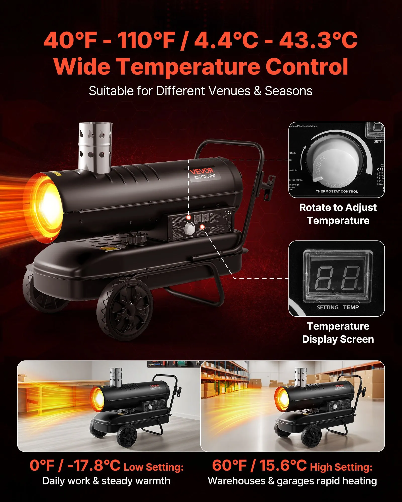 20kW petrolejový naftový ohřívač s nuceným oběhem vzduchu, přenosný torpédový ohřívač s kolečky a nastavitelnou teplotou, ventilátor pro staveniště/garáže/sklady/dílny/venkovní vytápění, černý