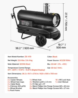 20kW petrolejový naftový ohřívač s nuceným oběhem vzduchu, přenosný torpédový ohřívač s kolečky a nastavitelnou teplotou, ventilátor pro staveniště/garáže/sklady/dílny/venkovní vytápění, černý - miniatura 18