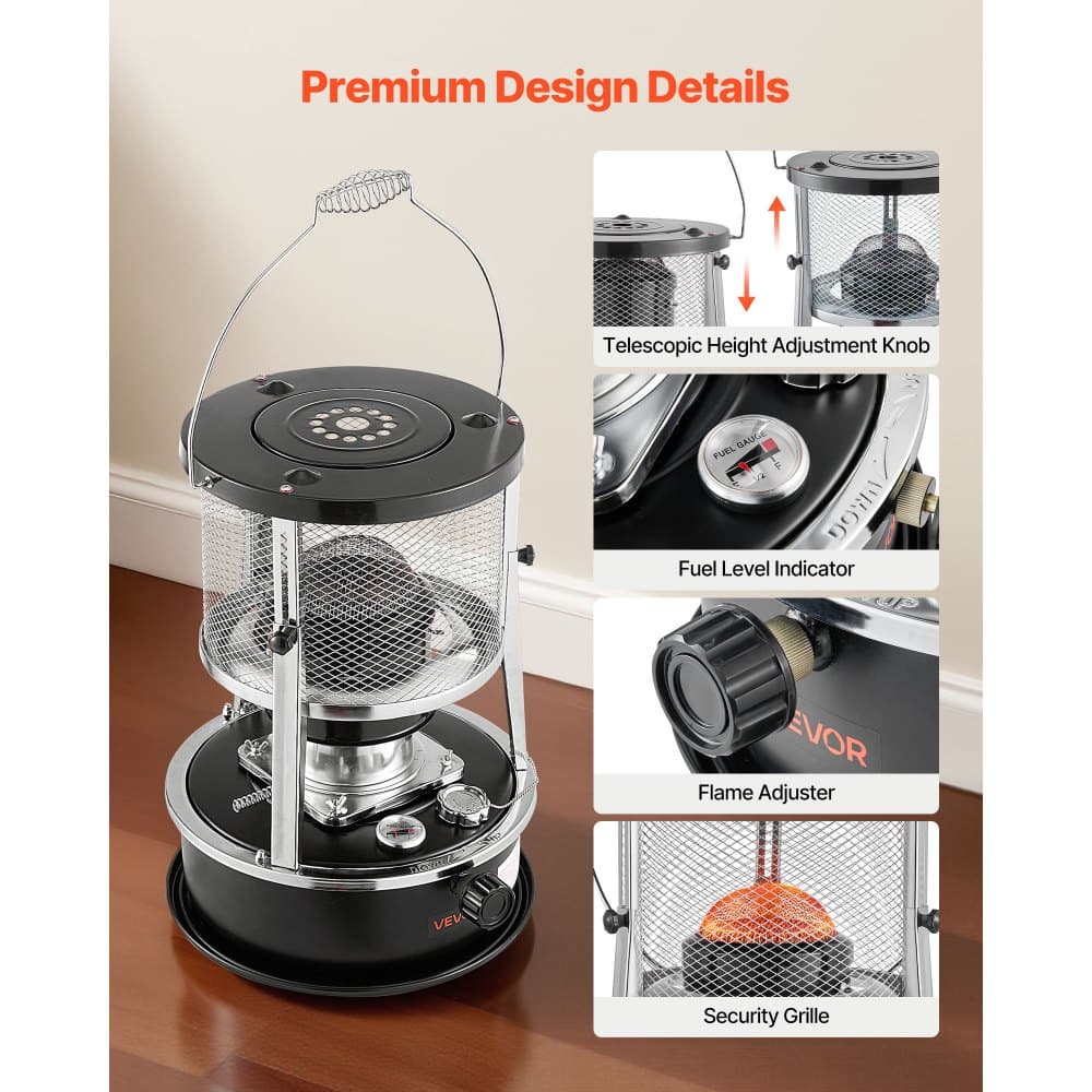 Přenosný petrolejový ohřívač a kamna s výkonem 9000 BTU, neelektrický 2v1 vnitřní i venkovní ohřívač s nastavitelnou výškou a plamenem a snadným skladováním, pro kempování, lov, vaření, domácnost, garáž, černý
