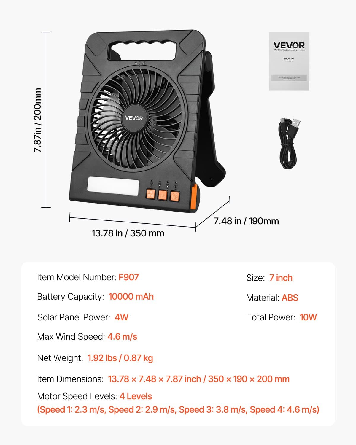 10000mAh dobíjecí solární ventilátor s LED lucernou, 18cm přenosný bezdrátový ventilátor se 4W skládacím solárním panelem, 4 rychlosti a časovač a tichý provoz, napájený z USB baterie pro kempování, stan, pracoviště, kancelářský stůl