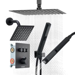 Sprchová baterie, termostatická stropní sprchová baterie 305 mm s nástěnnou hlavicí 152 mm a ruční sprchou 2 v 1, 3funkční duální dešťová hlavice, mosazný ventil a sada armatur, matně černá - miniatura 17