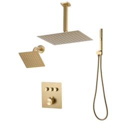 Sprchová baterie, termostatická stropní sprchová baterie 305 mm s nástěnnou hlavicí 152 mm a ruční sprchou 2 v 1, 3funkční dvojitá dešťová hlavice, mosazný ventil, kartáčované zlato - miniatura 15
