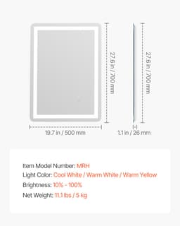 LED koupelnové zrcadlo, 50 x 70 cm LED koupelnové zrcadlo s předním a zadním podsvícením, zrcadlo s paměťovou funkcí a světly proti zamlžování, plynule stmívatelné koupelnové zrcadlo ve 3 barvách, nástěnné - miniatura 5