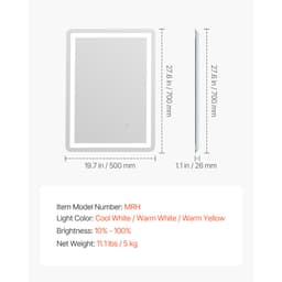 LED koupelnové zrcadlo, 50 x 70 cm LED koupelnové zrcadlo s předním a zadním podsvícením, zrcadlo s paměťovou funkcí a světly proti zamlžování, plynule stmívatelné koupelnové zrcadlo ve 3 barvách, nástěnné - miniatura 8