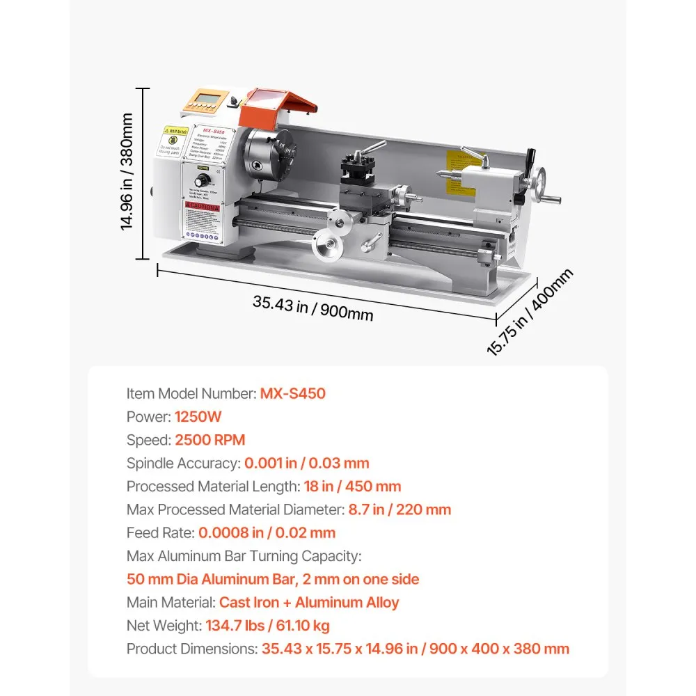 Soustruh na kov, 220 x 450 mm (8,7 x 18 palců), Přesný stolní soustruh na kov, automatický posuv, proměnná rychlost 0–2500 ot./min, bezkartáčový motor 1250 W, pro zpracování přesných dílů z měkkých kovů a dřeva a plastů