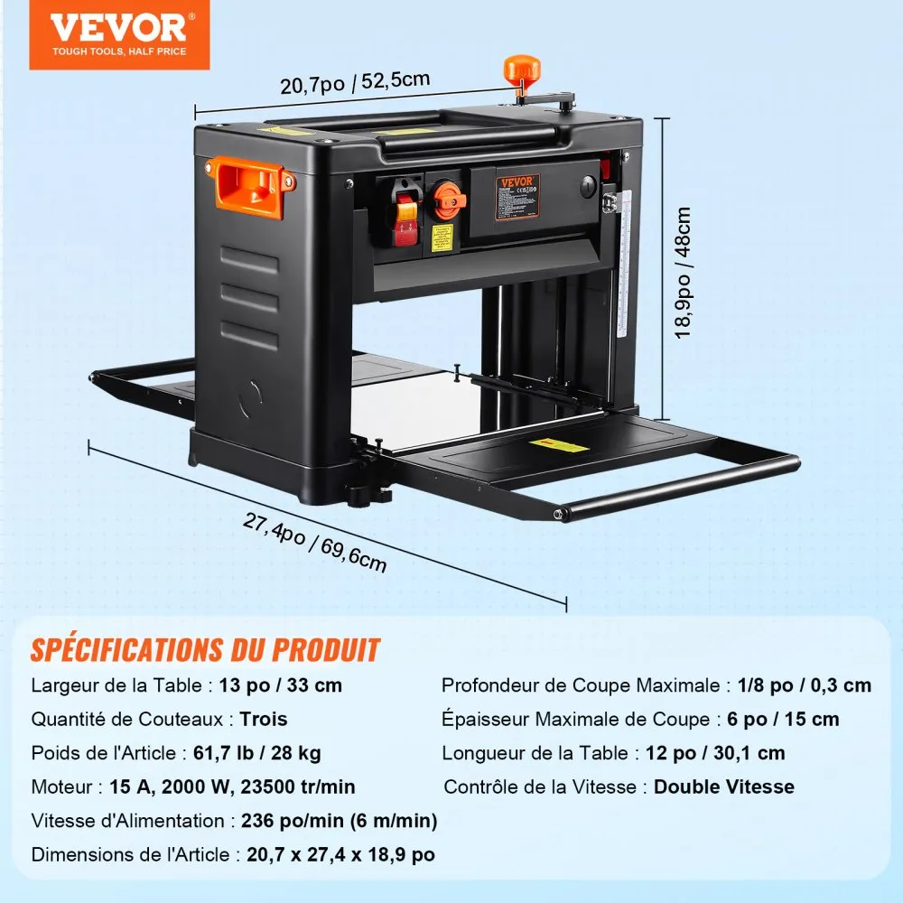 Srovnávačka tloušťky, dvourychlostní, pracovní stůl se šířkou 33 cm, stolní srovnávačka, tříčepelový motor 15 A, výkonný motor 2000 W, prodloužený podávací stůl 30,5 cm, nízká hlučnost pro odstraňování tvrdého i měkkého dřeva