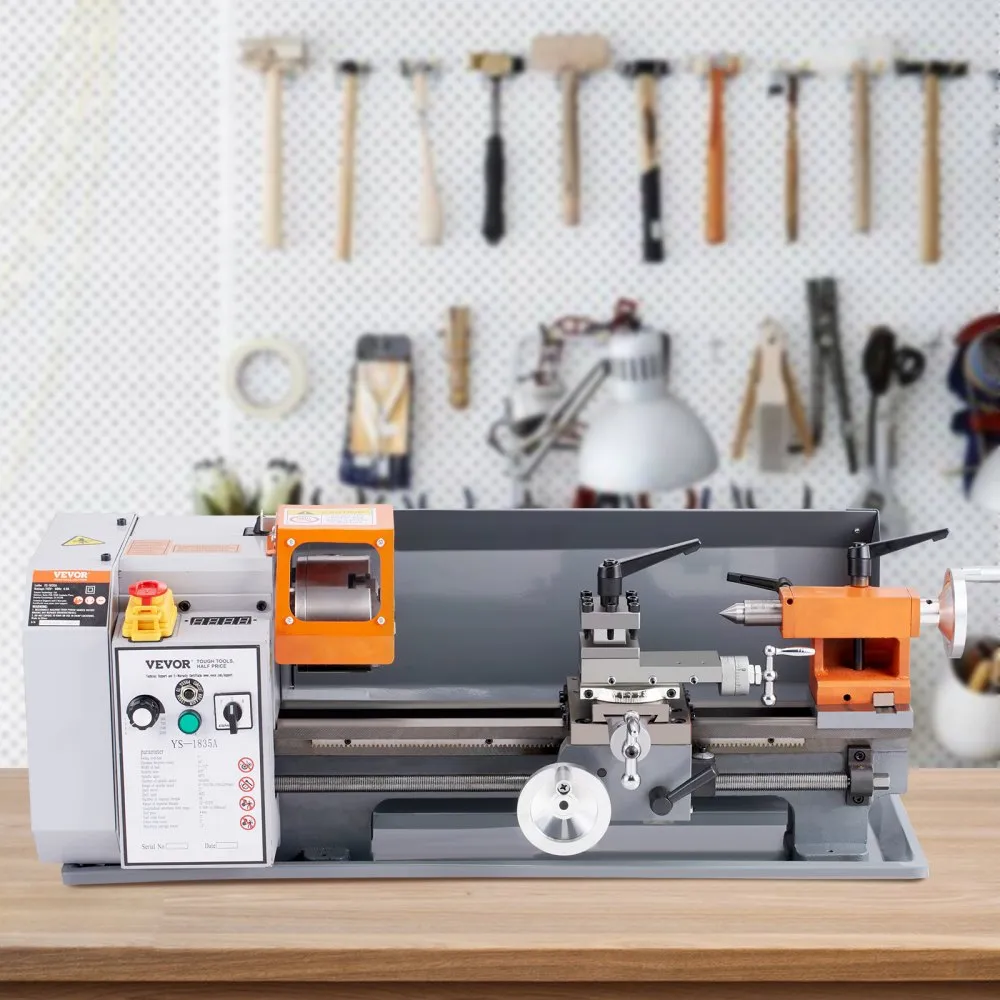 Soustruh na kov, 7'' x 13,78'', přesný stolní soustruh na kov, plynule nastavitelná rychlost 0–2200 ot./min, kartáčový motor 500 W, kovové převody, s bednou na nářadí pro zpracování přesných dílů