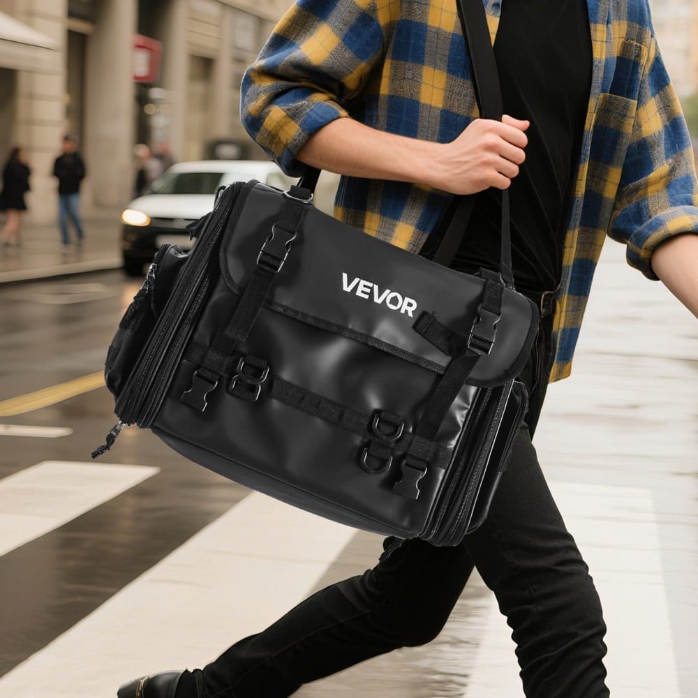 Brašna na motocykl, rozšiřitelná brašna na zadní sedadlo motocyklu o objemu 40-60 l s nepromokavou pláštěnkou, skládací úložný prostor pro motocyklové zavazadla na venkovní sporty s ramenními popruhy, kapsou a elastickou šňůrou, černá