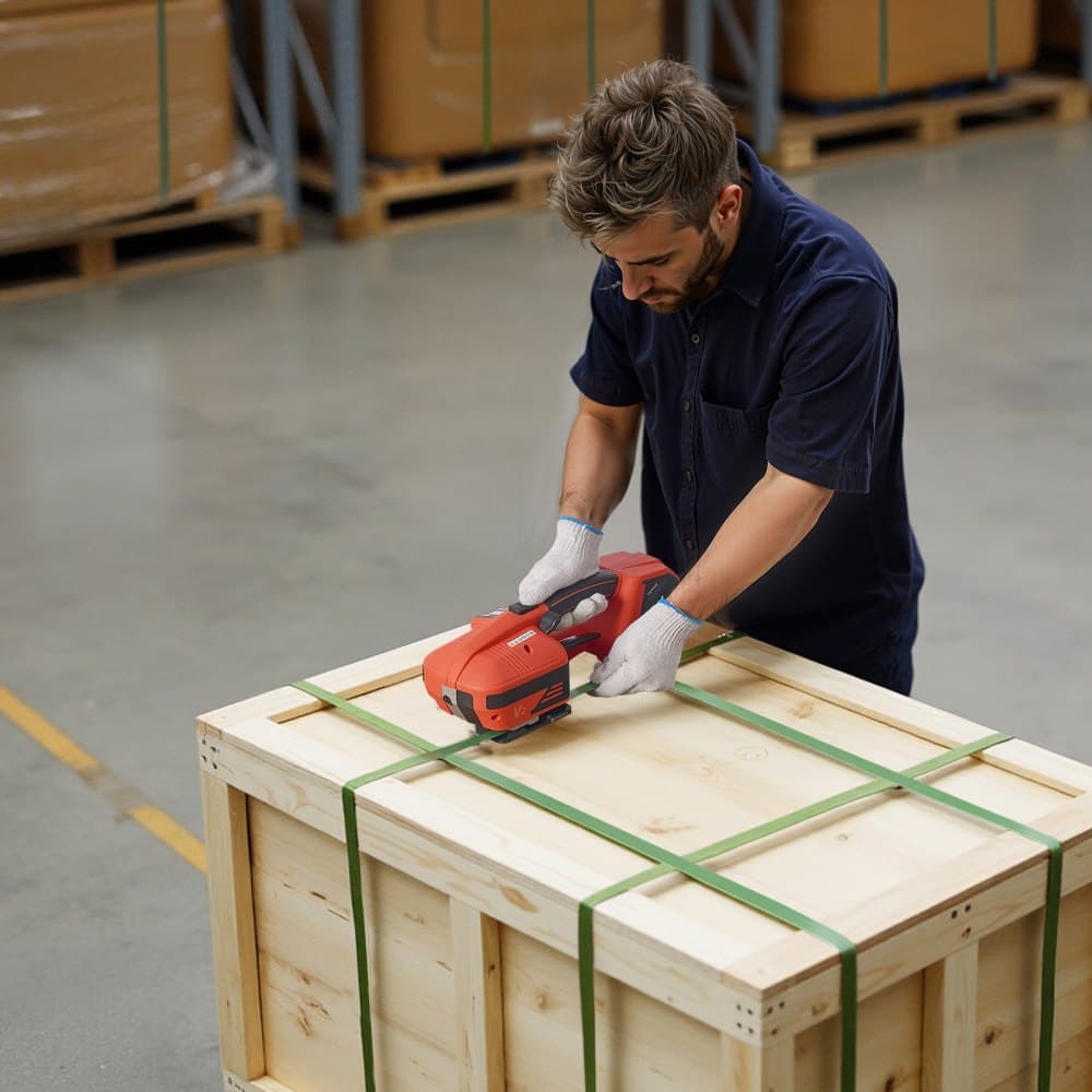 Elektrický páskovací stroj, 2 x 4000mAh baterie, automatický páskovač s digitálním displejem pro PP/PET pásky šířky 9-16 mm, napínací stroj na páskování pro krabice a palety