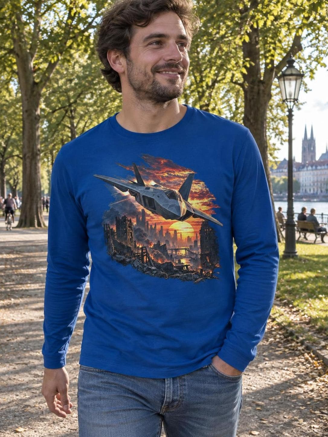 Avengers: Doomsday – Stíhačka nad ruinami – tričko s dlouhým rukávem a potiskem (B&C #E150 LSL)