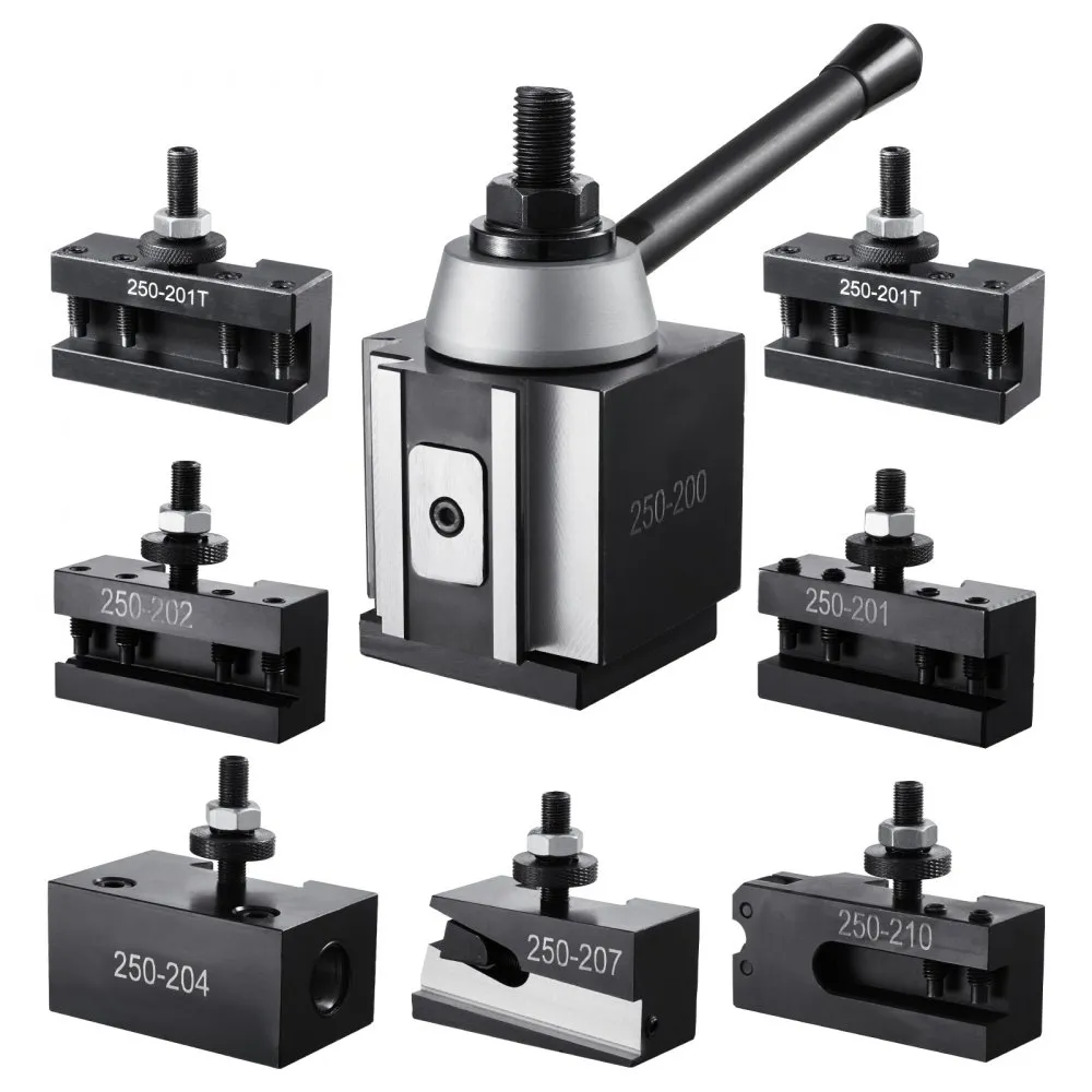 Sada rychlovýměnných nástrojových sloupků, 8 kusů, obsahuje držáky soustružnických nástrojů, klínový nástrojový sloupek s příslušenstvím pro držáky soustružnických nástrojů, pro mini soustruh a kovový soustruh, výkyv 254-381 mm (10"-15"), odolný ocelový materiál